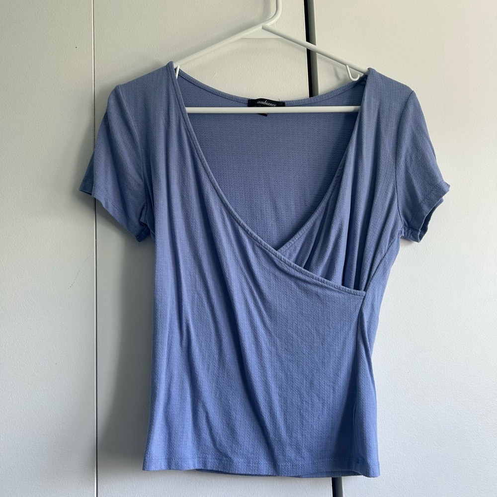 Ambiance Blue Asymmetrical Wrap Blouse Short Sleeve
